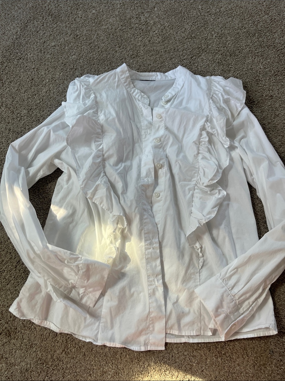 Unbranded No Tags fits M White Cotton Poplin Ruffled Collarless Button Down EUC